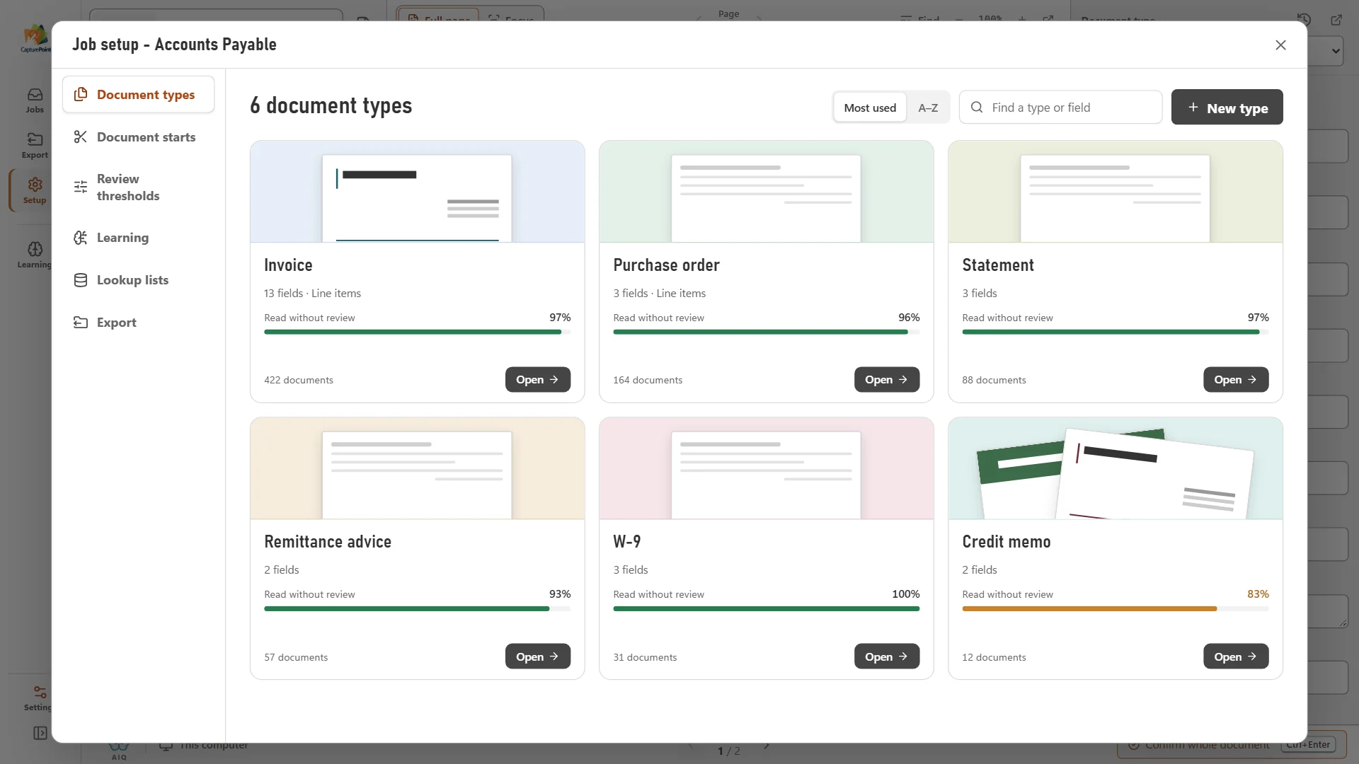Six document types found automatically in one accounts payable folder