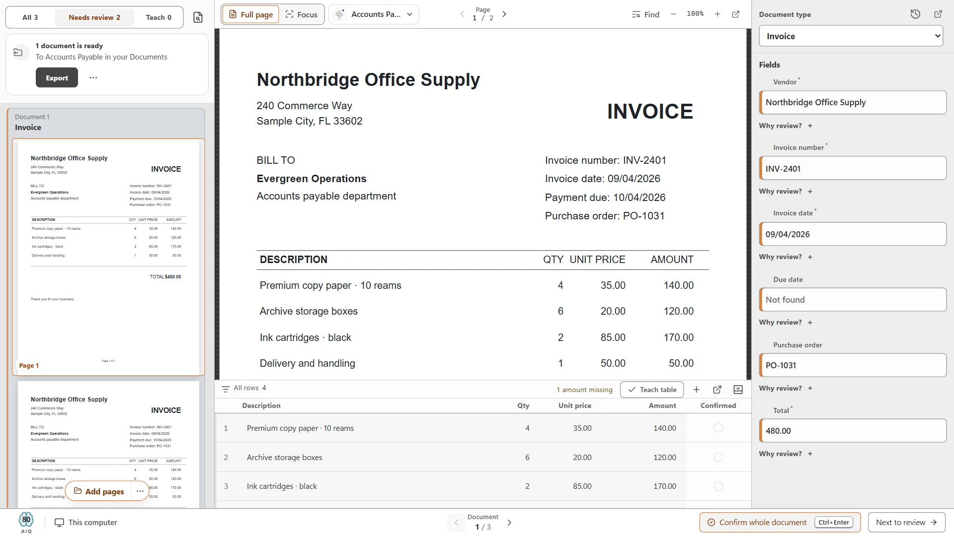 An invoice with every field and line item read automatically