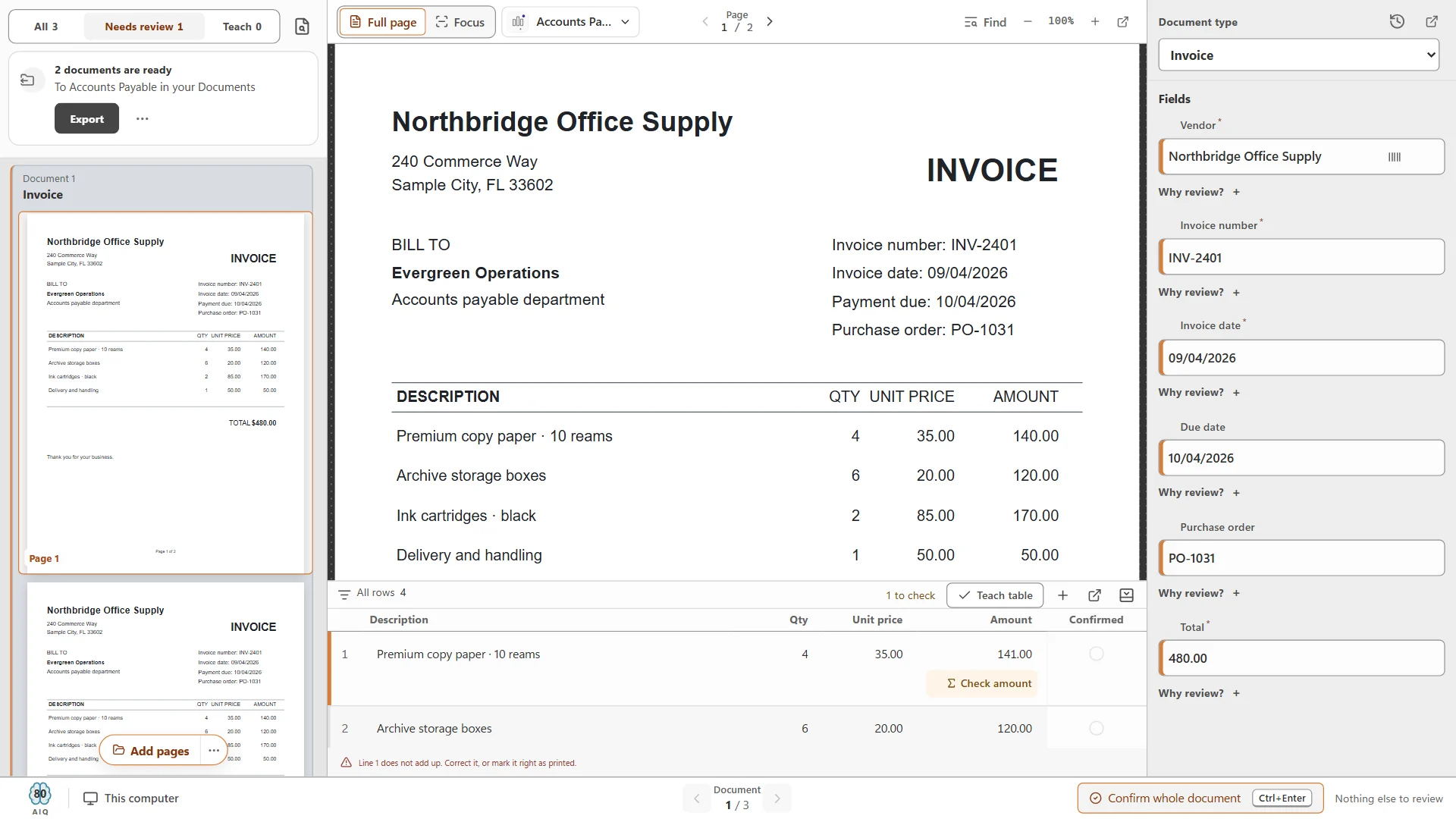 CapturePoint 6 review screen: a sample invoice beside its extracted fields and line-item table, with one line flagged because it does not add up