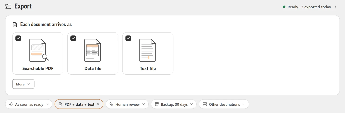 CapturePoint 6 export settings: each document arrives as a searchable PDF, a data file and a text file