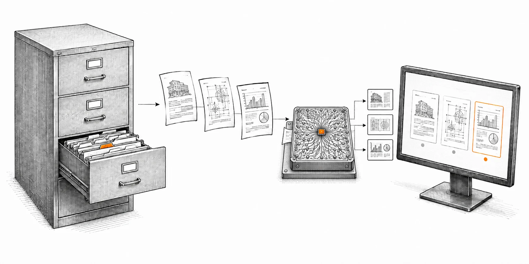 Engraved illustration: documents leave a filing cabinet, pass through a learning core and arrive on screen as organized records