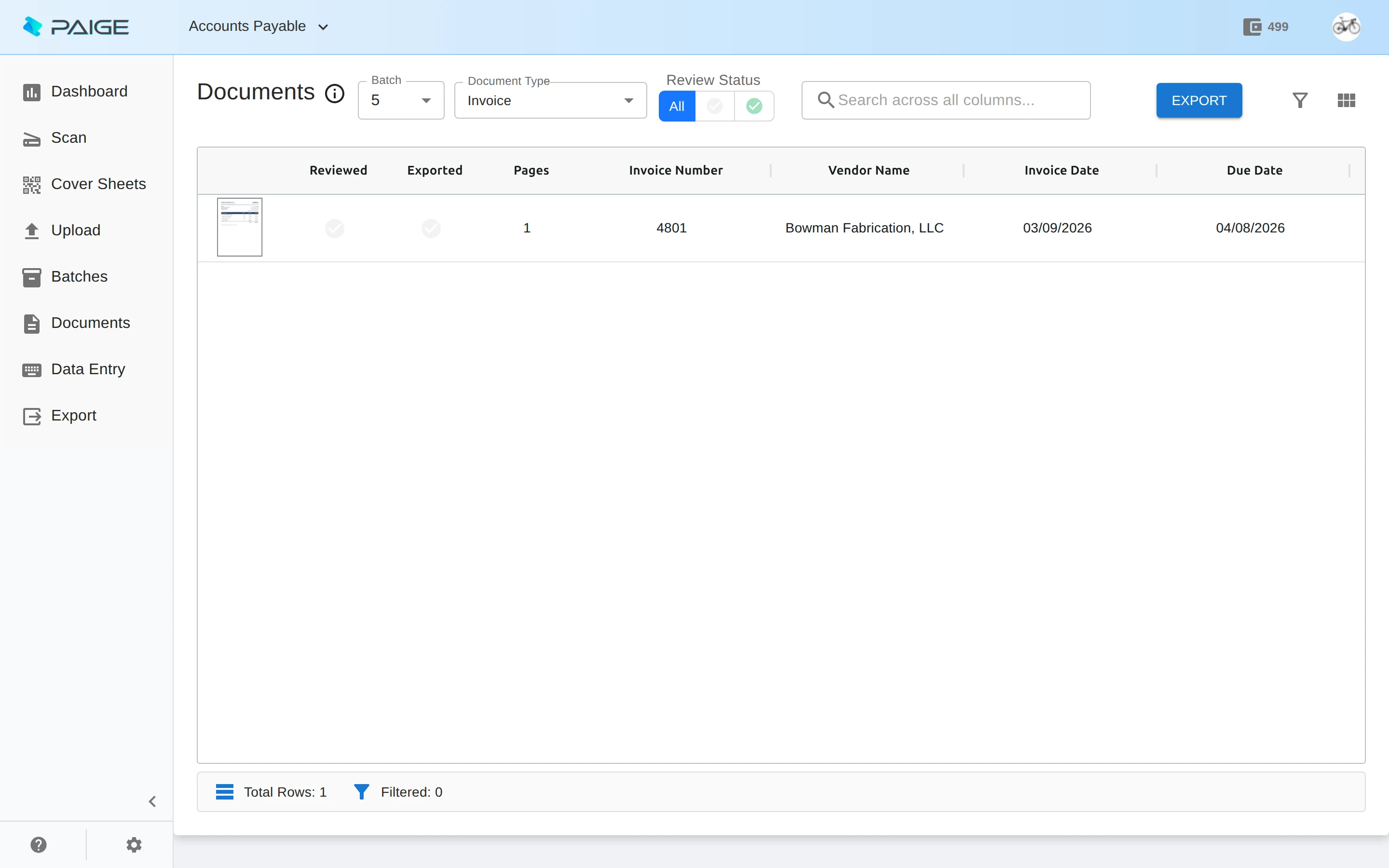 Paige - an invoice automatically classified and its fields extracted in the Documents grid